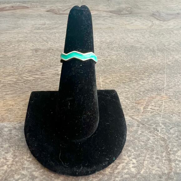 Turquoise tone enamel and silver wave wavy ring - size 6 - Picture 1 of 4